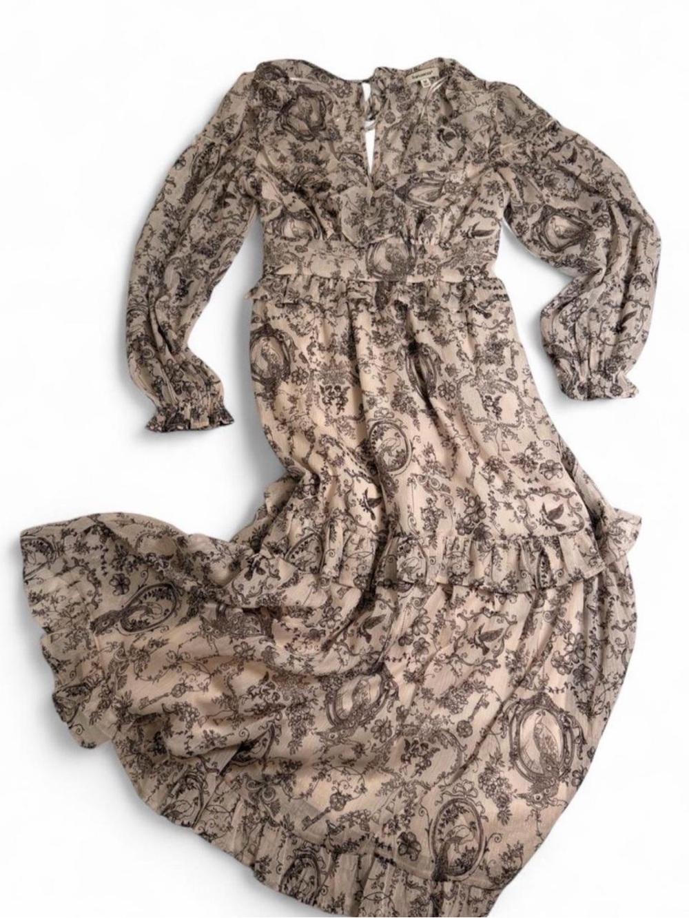 Francesca's Collections Cream and Brown Floral Tiered Maxi Dress